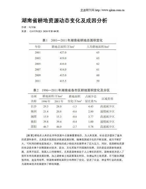 湖南省耕地资源动态变化及成因分析