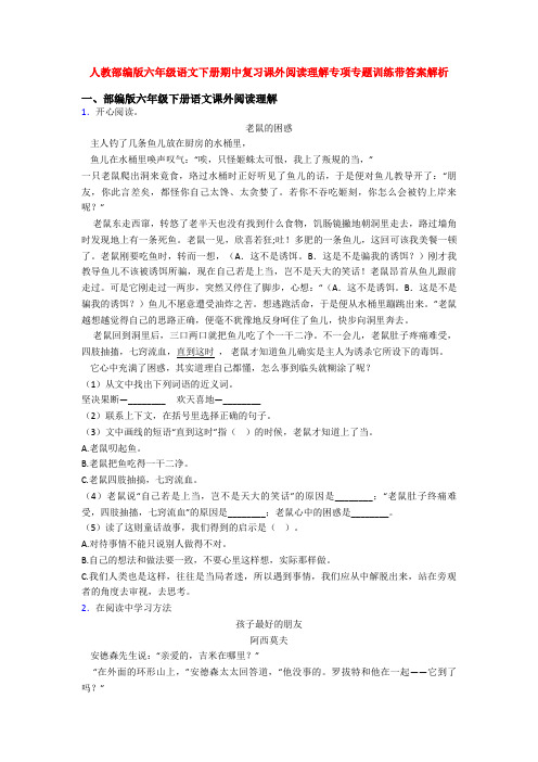 人教部编版六年级语文下册期中复习课外阅读理解专项专题训练带答案解析