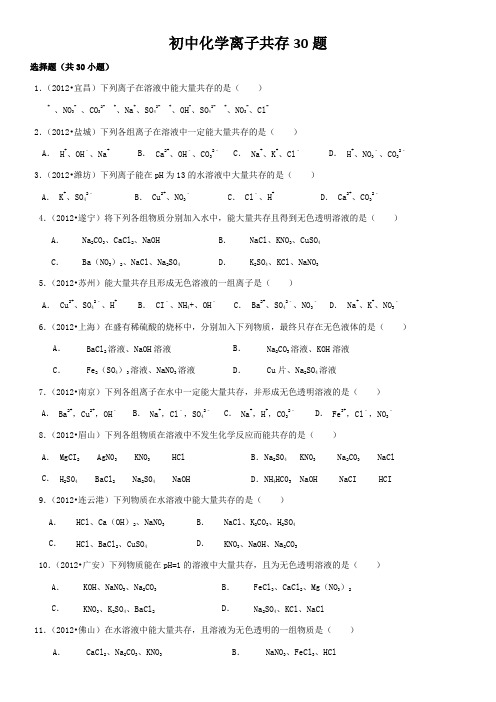 初中化学离子共存30题