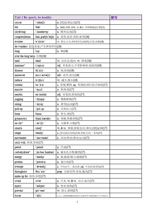 2019译林版高中英语必修二Unit 2 Be sporty, be healthy 单词表