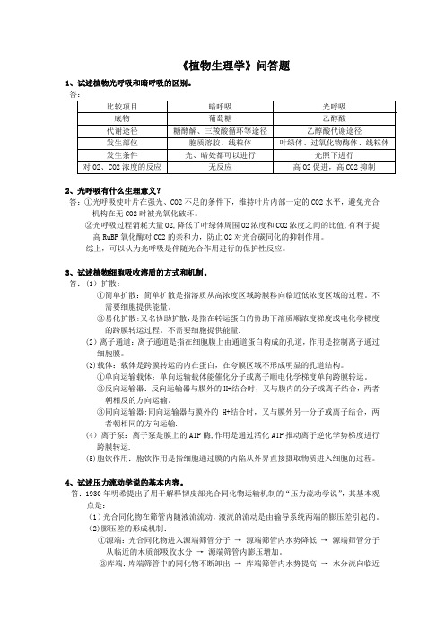 《植物生理学》问答题讲解