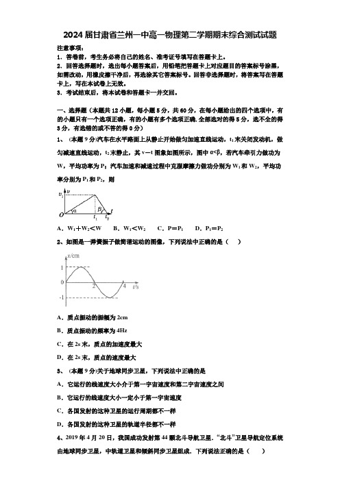 2024届甘肃省兰州一中高一物理第二学期期末综合测试试题含解析