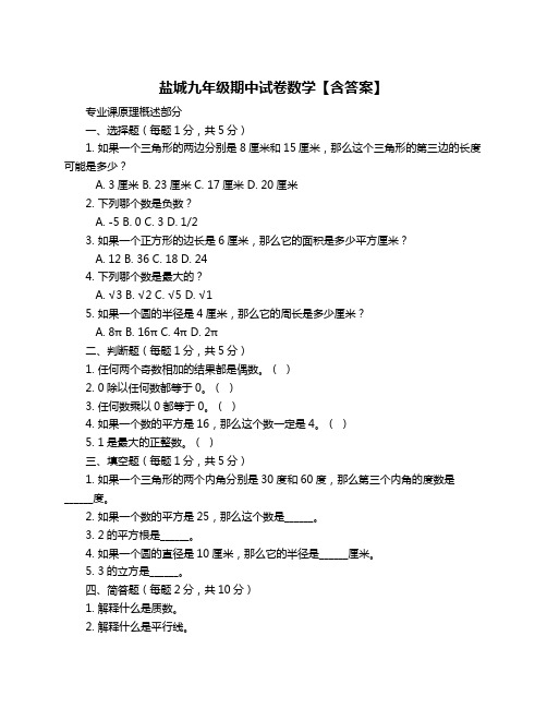 盐城九年级期中试卷数学【含答案】