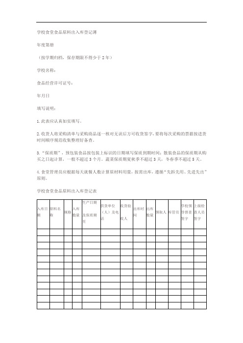 学校食堂食品原料出入库登记薄