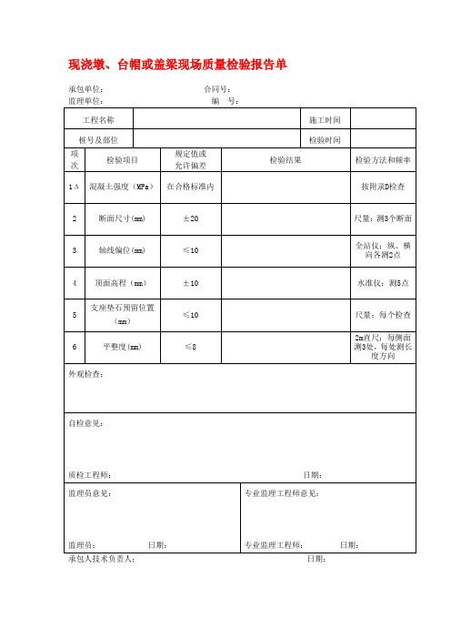 现浇墩、台帽或盖梁现场质量检验报告单