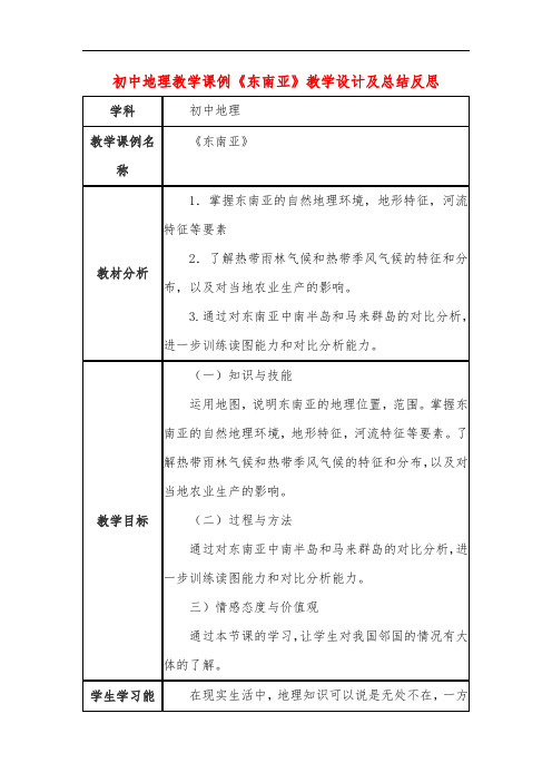 初中地理教学课例《东南亚》课程思政核心素养教学设计及总结反思