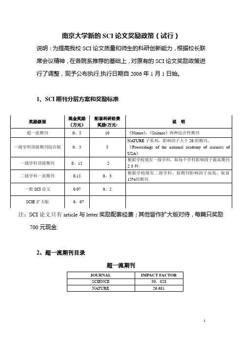 南京大学新的SCI论文奖励政策(试行)