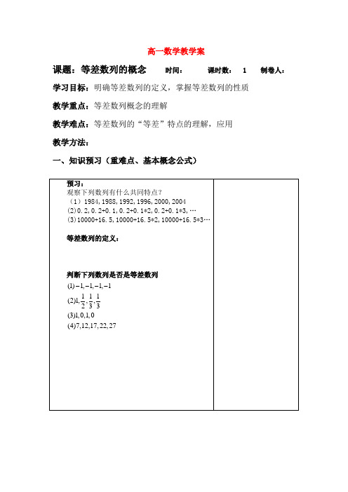 高中数学 等差数列的概念教学案 苏教版必修5高一数学