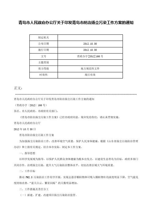 青岛市人民政府办公厅关于印发青岛市防治扬尘污染工作方案的通知-青政办字[2012]166号