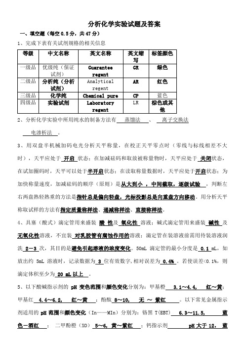 分析化学实验试题及答案