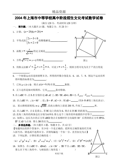 2004年上海市中等学校高中阶段招生文化考试数学试卷