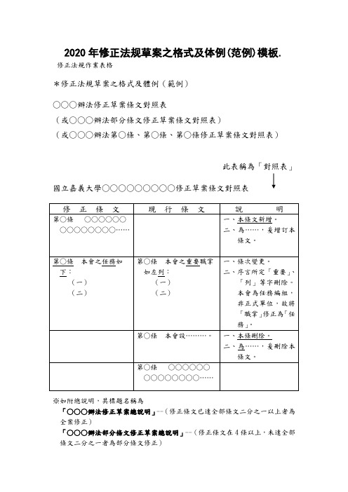 2020年修正法规草案之格式及体例(范例)模板