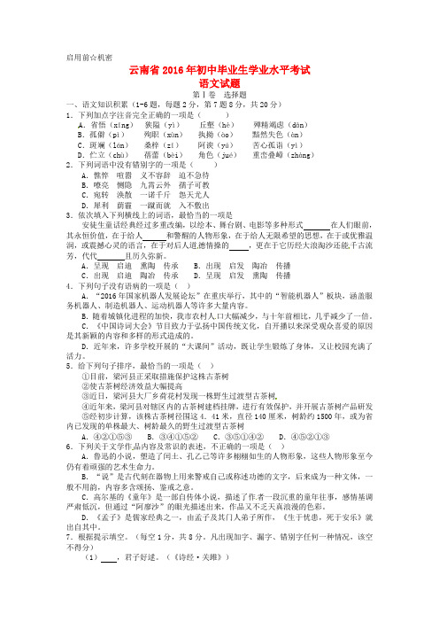 云南省2016年中考语文真题试题(含答案)