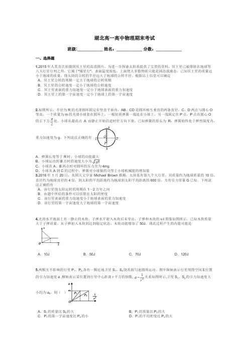 湖北高一高中物理期末考试带答案解析
