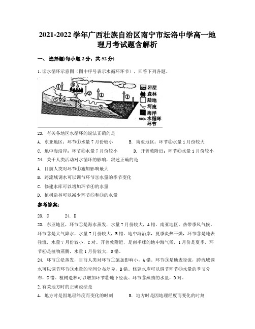 2021-2022学年广西壮族自治区南宁市坛洛中学高一地理月考试题含解析