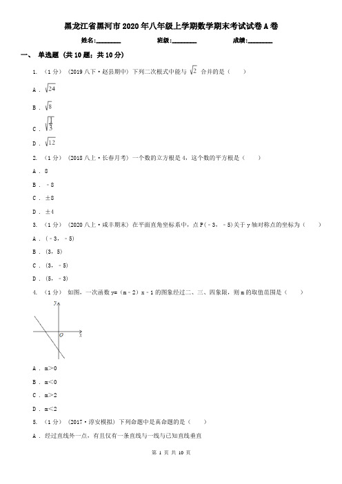 黑龙江省黑河市2020年八年级上学期数学期末考试试卷A卷