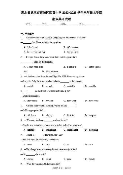 湖北省武汉市黄陂区四黄中学2022-2023学年八年级上学期期末英语试题