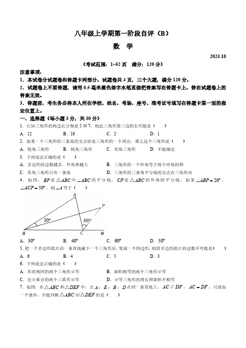 河南省安阳市林州市2023-2024学年八年级上学期10月月考数学试题(含答案)