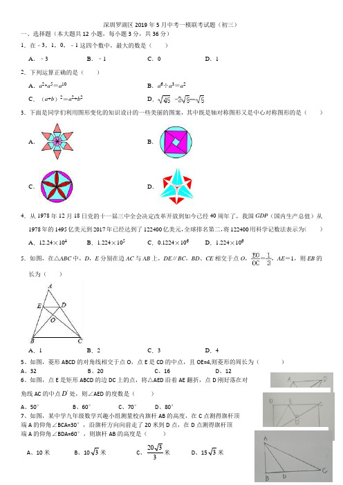 2019年广东省深圳市罗湖区中考一模数学试题(无答案)