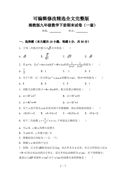 湘教版九年级数学下册期末试卷(一套)精选全文完整版