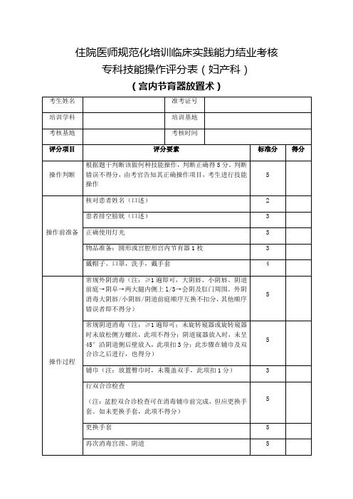 住院医师规范化培训临床实践能力结业考核专科技能操作评分表(妇产科)宫内节育器放置术