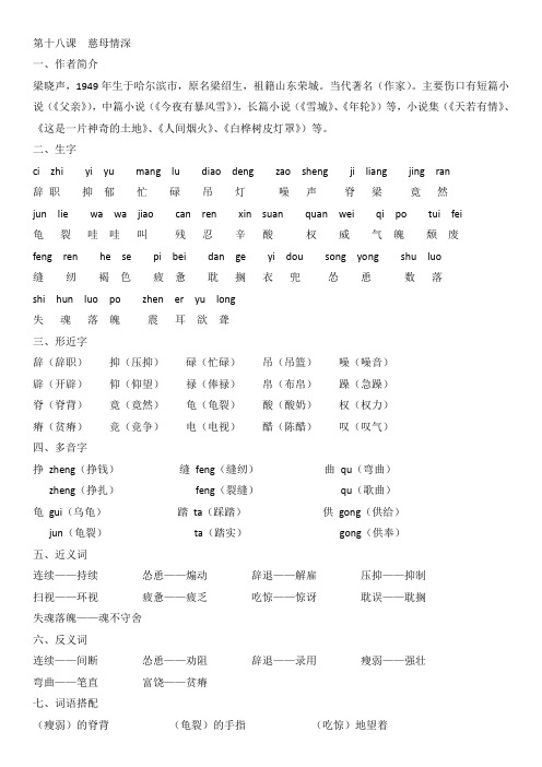 小学语文5A部编版  第十八课  慈母情深(答案)