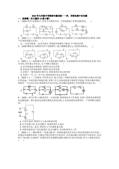 2024年九年级中考物理专题训练——串,并联电路中的问题