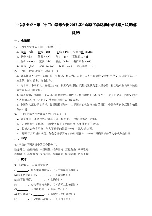 山东省荣成市第三十五中学等六校2017届九年级下学期期中考试语文试题(解析版)