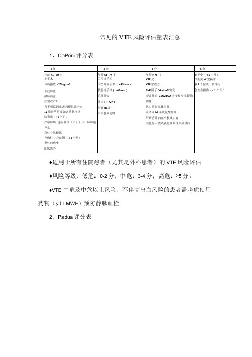 常见的VTE风险评估量表汇总