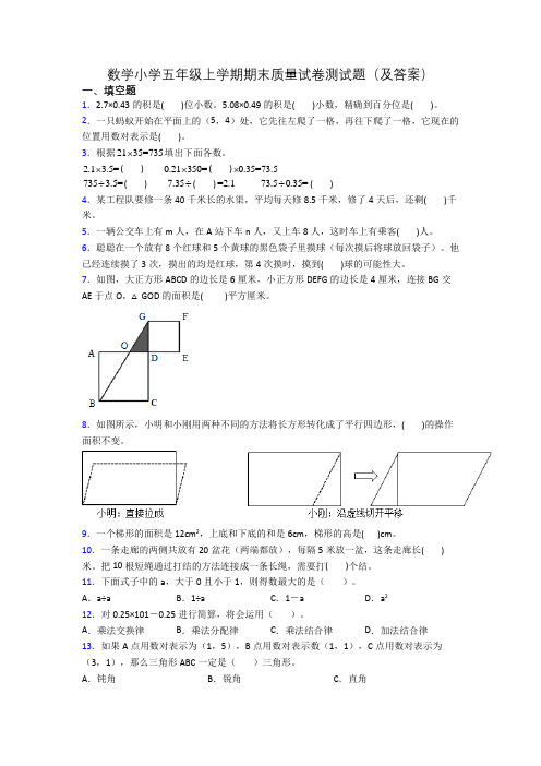 数学小学五年级上学期期末质量试卷测试题(及答案)