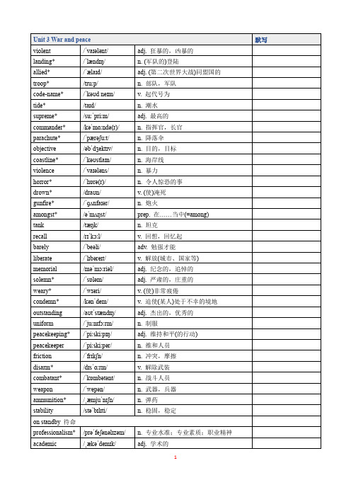 2019版外研社高中英语必选择性必修三Unit 3 War and peace 单词表