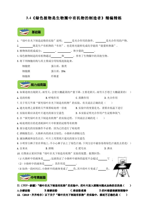 人教版七年级生物上册3.4《绿色植物是生物圈中有机物的制造者》同步练习(含答案)