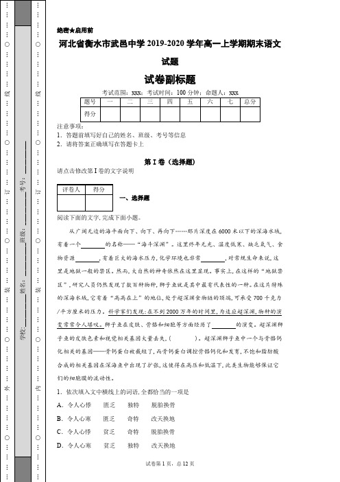 河北省衡水市武邑中学2019-2020学年高一上学期期末语文试题