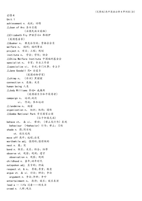 (完整版)高中英语必修4单词表(全)