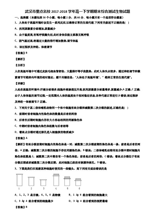 武汉市重点名校2017-2018学年高一下学期期末综合测试生物试题含解析