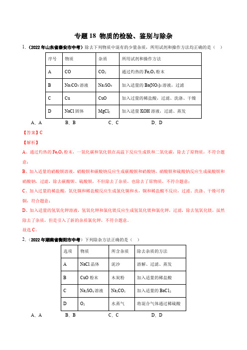 物质的检验、鉴别与除杂-2022年中考化学真题分项汇编(全国通用)(第01期)(解析版)