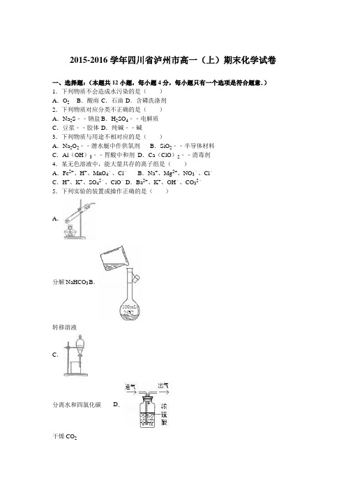 四川省泸州市2015-2016学年高一(上)期末化学试卷(解析版)