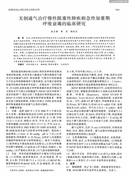 无创通气治疗慢性阻塞性肺疾病急性加重期呼吸衰竭的临床研究