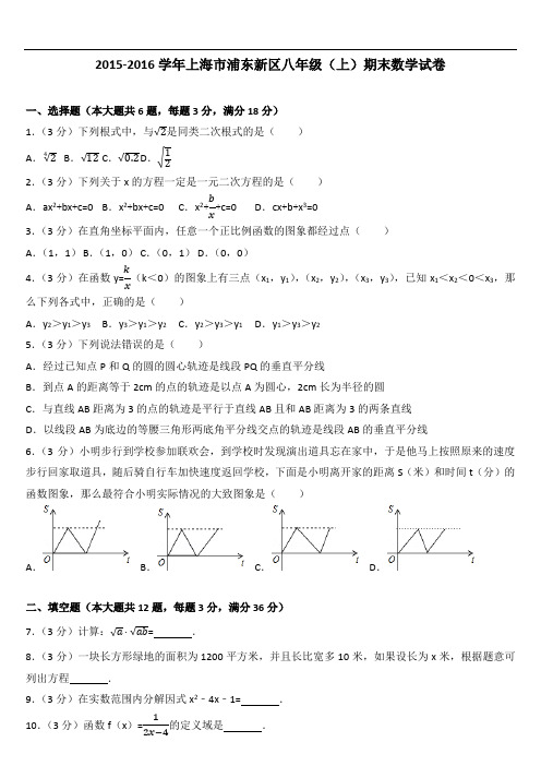 2015-2016学年上海市浦东新区八年级(上)期末数学试卷