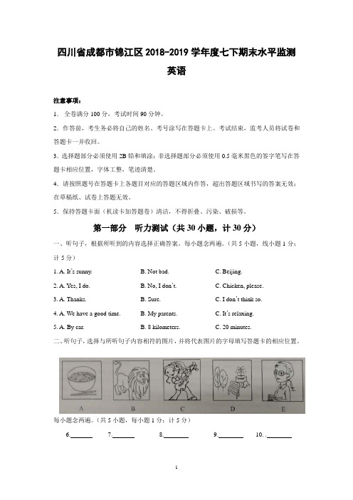 四川省成都市锦江区2018-2019学年七年级下学期期末水平监测(含答案)