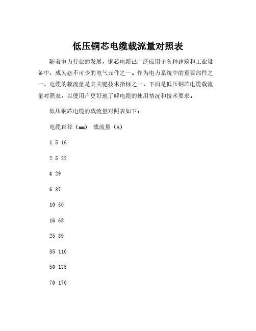 低压铜芯电缆载流量对照表