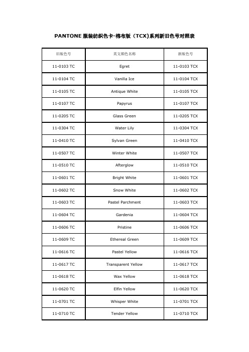 PANTONE服装纺织色卡-棉布版(TCX)系列新旧色号对照表