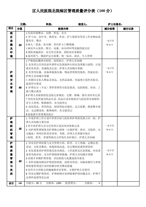 医院病区管理质量评分表