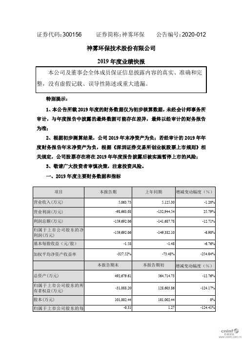 神雾环保：2019年度业绩快报