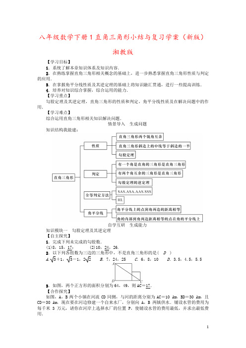 八年级数学下册1直角三角形小结与复习学案(新版)湘教版