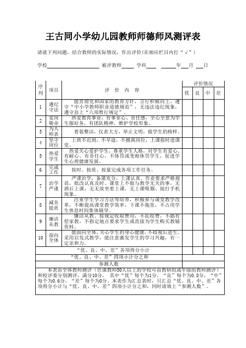 王古同小学小学幼儿园教师师德师风测评表