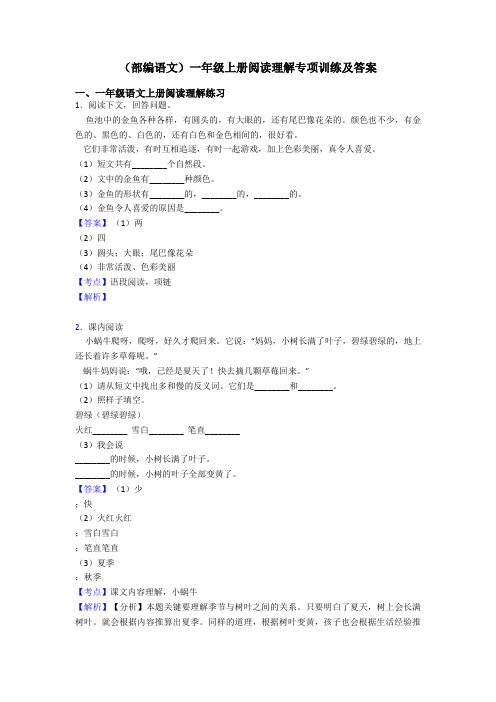 一年级(部编语文)一年级上册阅读理解专项训练及答案