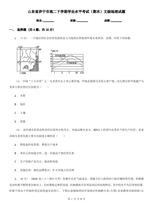 山东省济宁市高二下学期学业水平考试(期末)文综地理试题