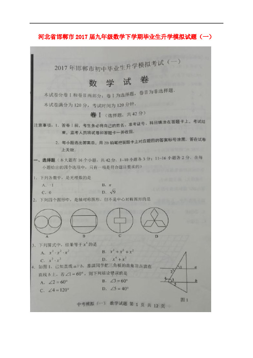 河北省邯郸市九年级数学下学期毕业生升学模拟试题(一)