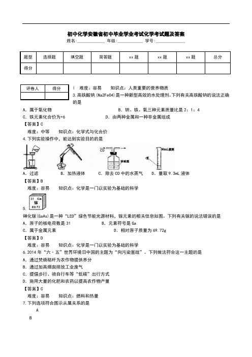 初中化学安徽省初中毕业学业考试化学考试题及答案.doc